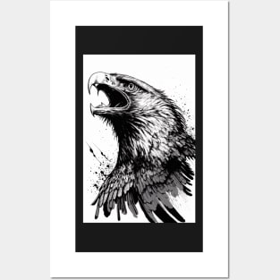 black outline of soaring hawk with open mouth Posters and Art